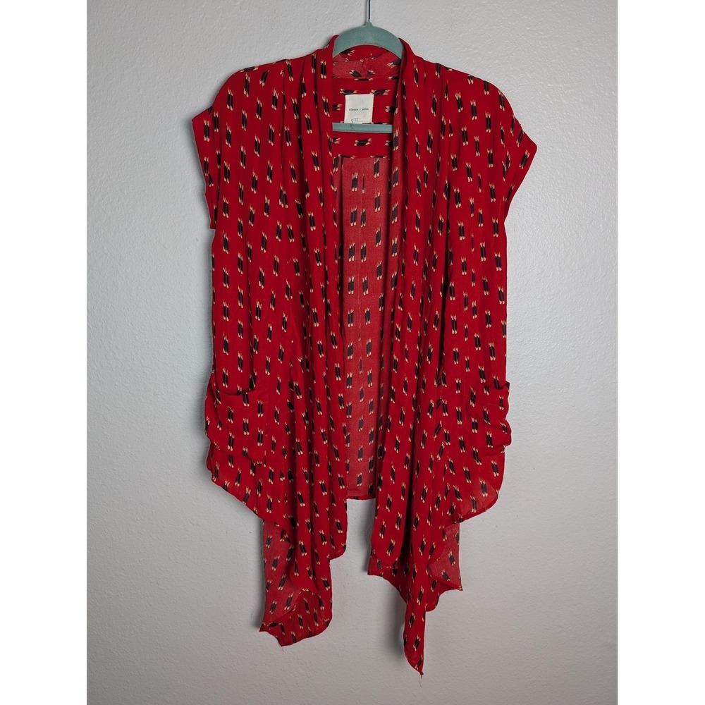Silence +‎ Noise Blouse Womens XS Red Kimono V-Neck Cap Sleeve Open Pockets